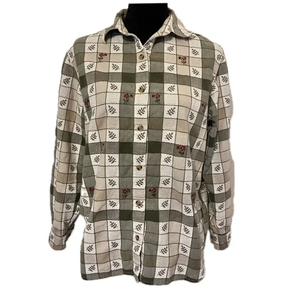 CASEY & MAX Vintage Women's Shirt Size L 100% Cotton Floral Plaid Button Down - Picture 1 of 7